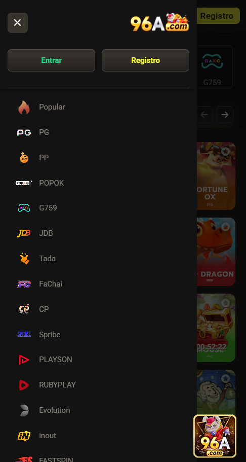 Menu do aplicativo 96a.com com jogos e apostas