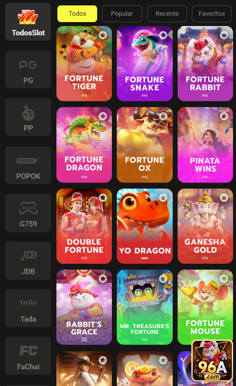 Slots em destaque na 96a.com